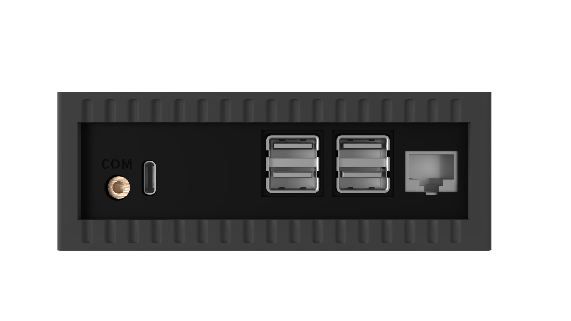 StreamKit V2 connector panel with COM, USB-C, four USB-A ports and RJ45 Ethernet