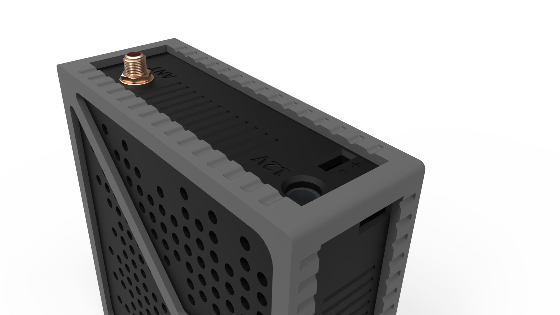 Close-up of the StreamKit V2 antenna and 12V power connections